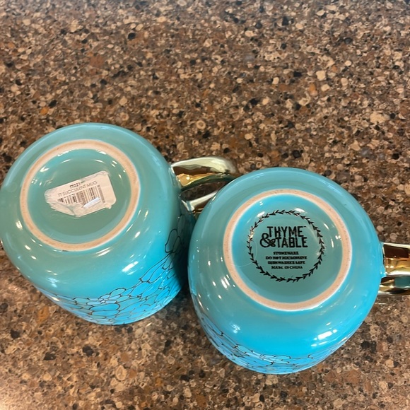 Set of 2 Thyme & And Table Teal & Gold Succulent Stoneware Mugs Coffee Cups - Picture 4 of 8